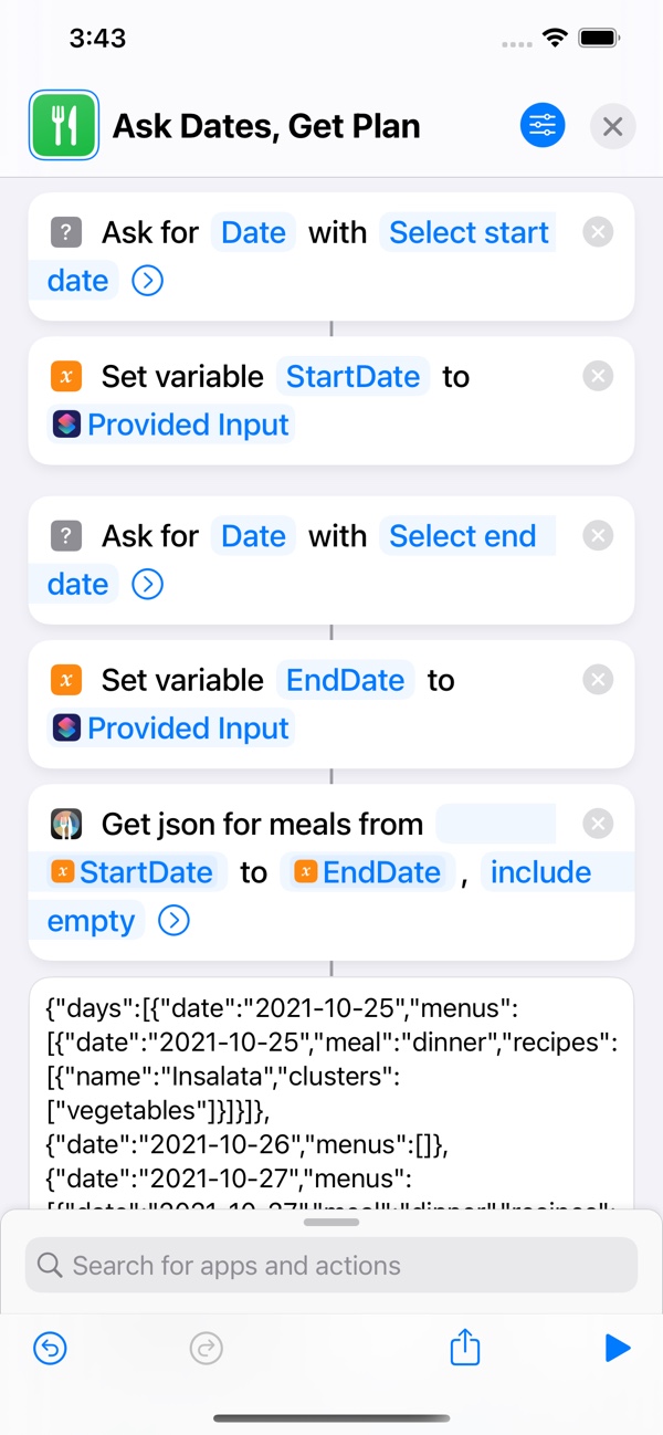 IOs commands screen showing a command where user picks start and end dates, and then feeds them to the Get Meal Plan JSON action